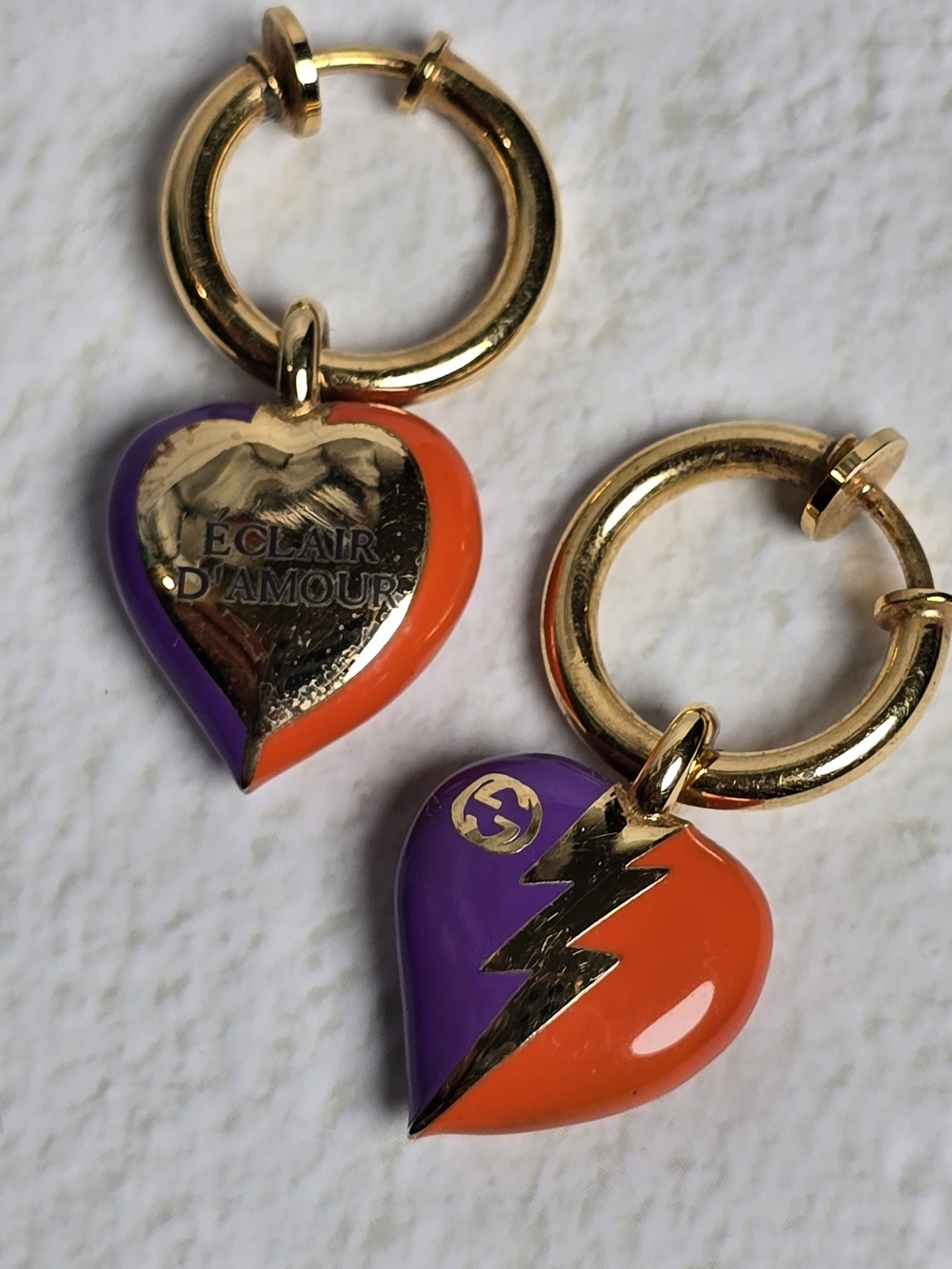 Gucci Authentic GG Gold Hoop Earrings Purple & Orange Enamel Heart Lightning